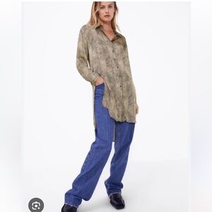 Zara Satin Leopard Print Button Down Shirt Dress